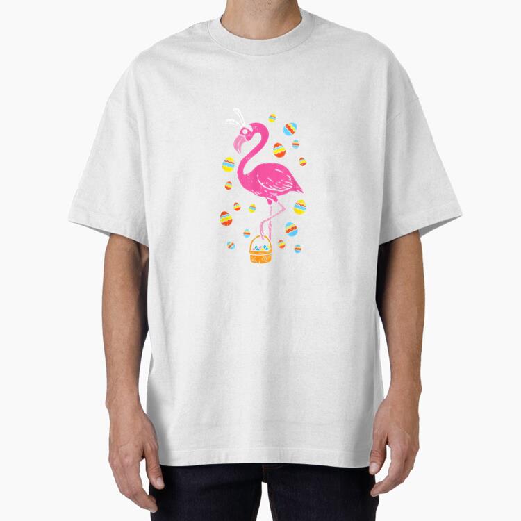 Pink Flamingo Bunny Ears Eggs Basket Easter Day Cotton T-Shirt