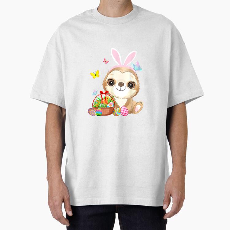 Sloth Bunny Ear With Eggs Basket Easter Cotton T-Shirt